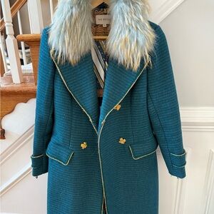 Mr & Mrs Italy Teal Trench Coat with Faux Fur Collar